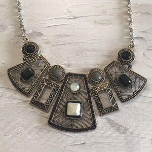 Vintage Silver tone necklace with Black/White/Grey Faux Gems